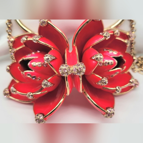 Roberto Cavalli RARE Bright Red Enamel Lotus Flower Statement Necklace - Picture 9 of 14